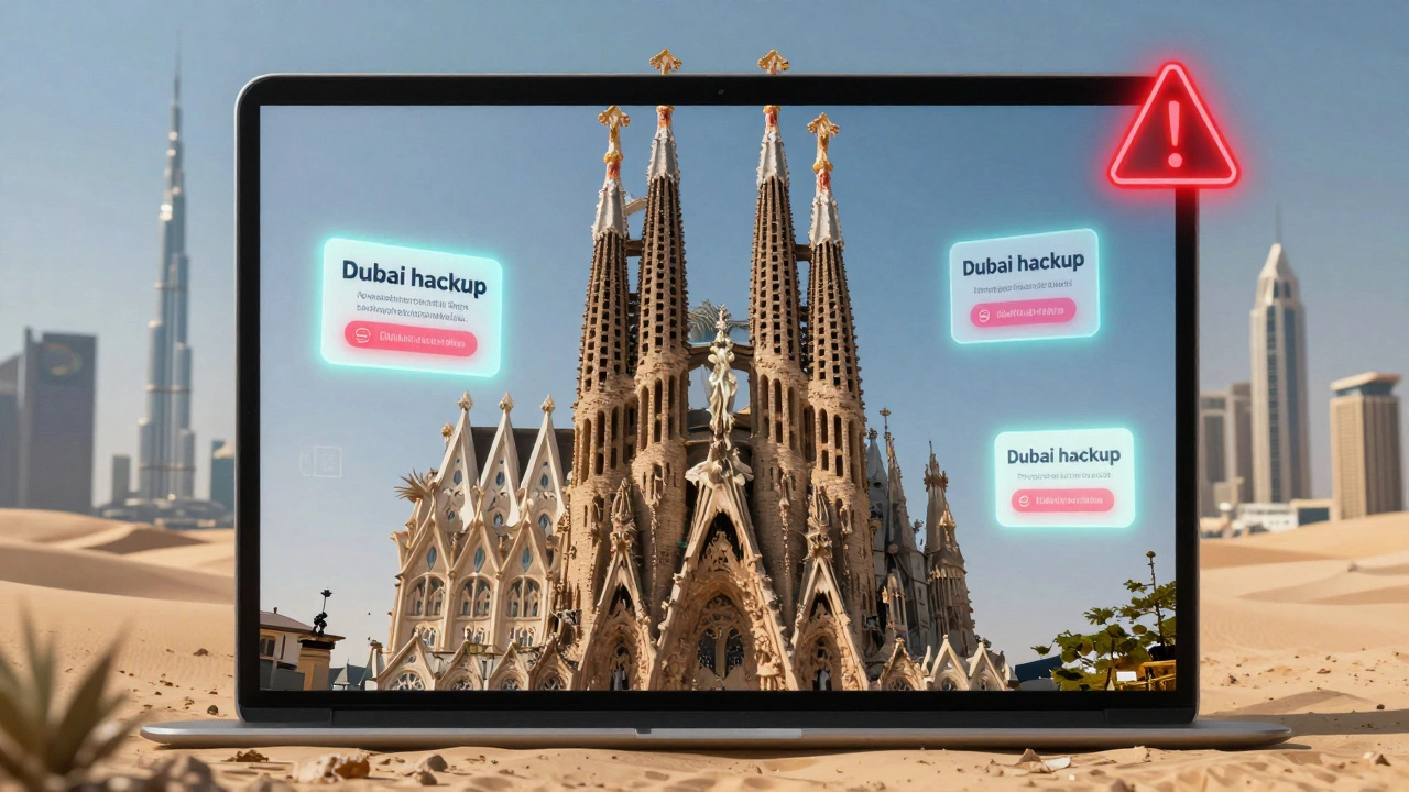 A social media ad screen showing a fake Sagrada Familia in Dubai with pop-up service ads and a warning symbol.