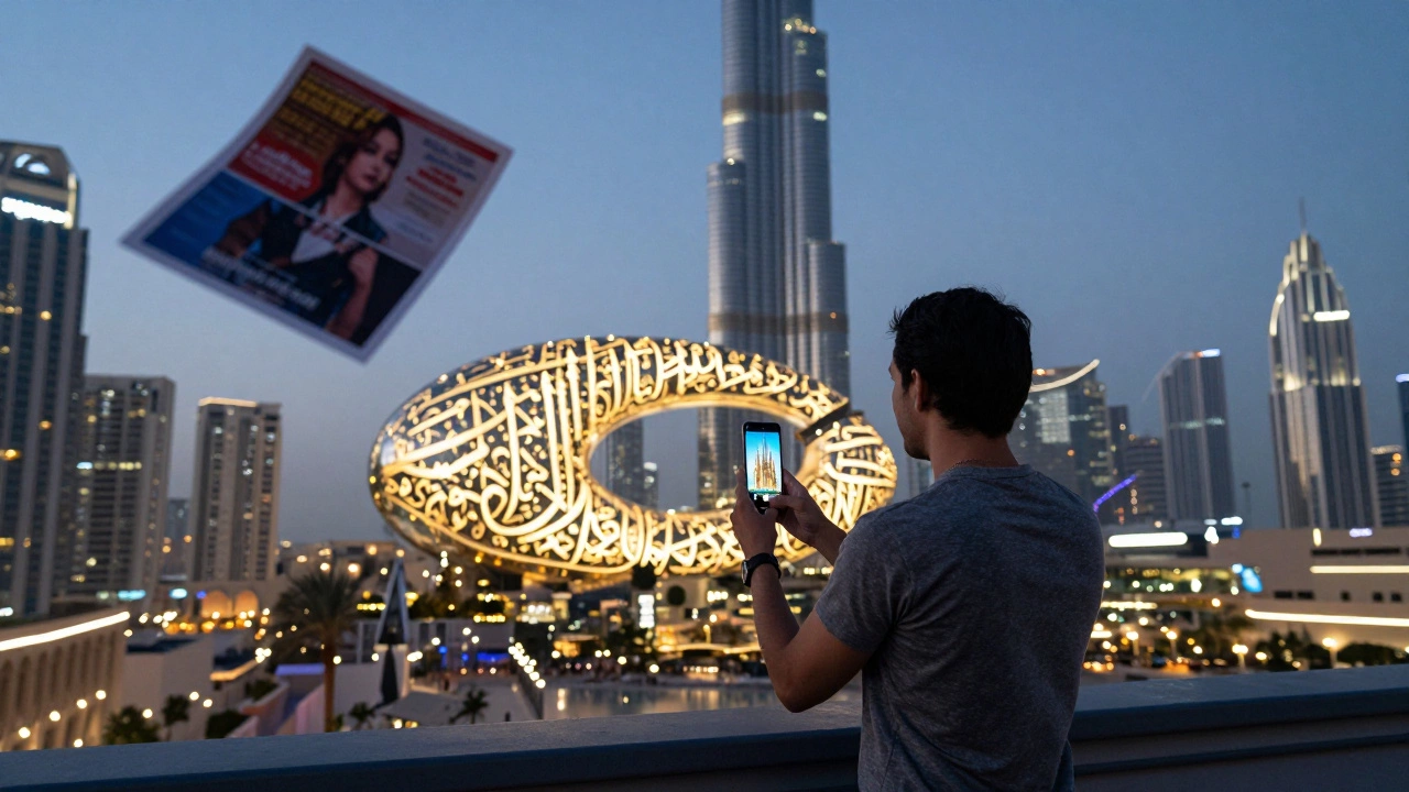 A traveler on a Dubai rooftop holding a phone with a fake cathedral image, while real architectural wonders glow behind.