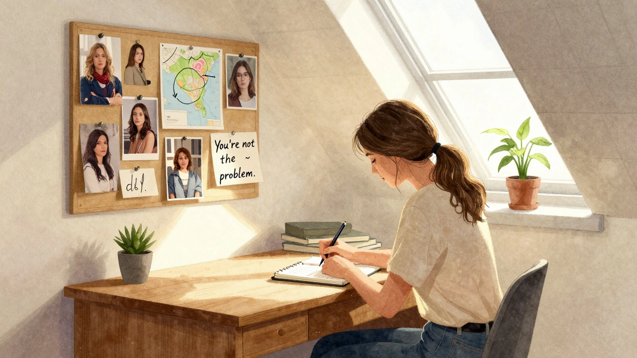 A woman writing in a sunlit attic, surrounded by notes and photos, symbolizing recovery and reclaiming her story.