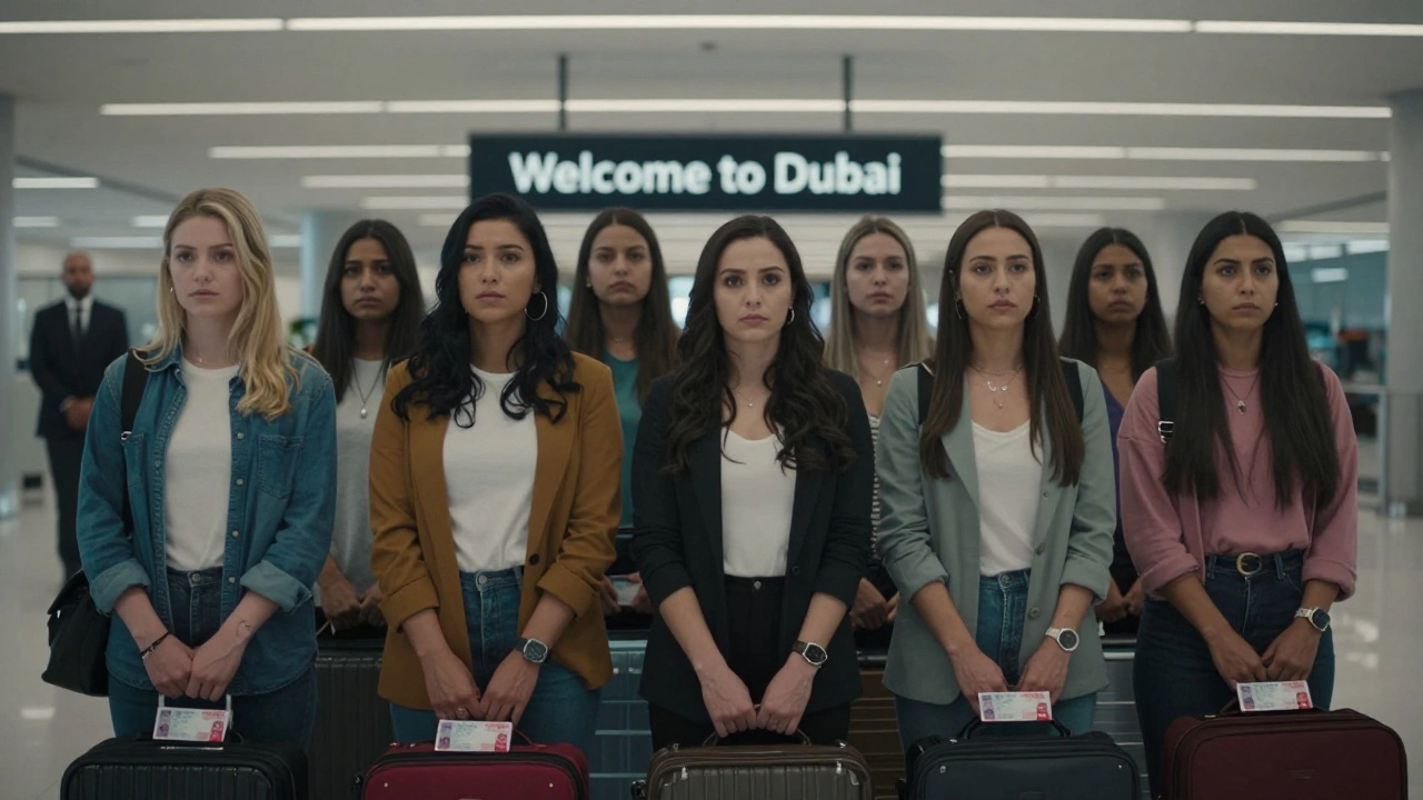 Women from different countries in a Dubai airport terminal, holding visas, watched by a shadowy figure under harsh lights.